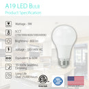 A19 9W LED Bulb - 800 Lumens - 5CCT (27/30/40/50/60K) 60W Equivalent Dimmable