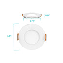 This image displays the 3BRIX 3 Inch 6W Slim Round Ultra Thin Recessed Downlight from Shine LED, characterized by its white finish and orange clips. The top view shows the diameter as 3.5 inches. The side view displays a height of 0.79 inches and an inner circle diameter of 2.76 inches, making it perfectly suited for energy-efficient recessed light fixtures that deliver up to 360 lumens in adjustable color temperatures (27/30/35/40/50K).