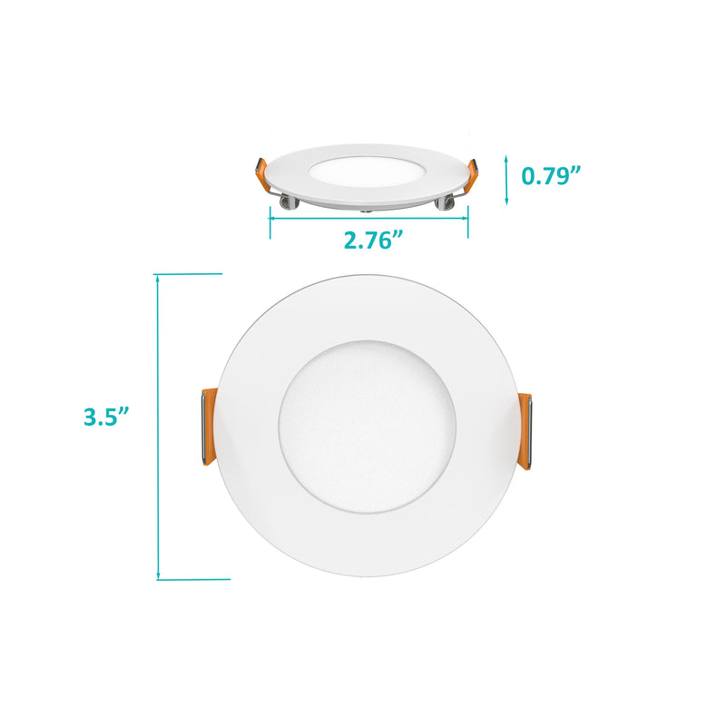 This image displays the 3BRIX 3 Inch 6W Slim Round Ultra Thin Recessed Downlight from Shine LED, characterized by its white finish and orange clips. The top view shows the diameter as 3.5 inches. The side view displays a height of 0.79 inches and an inner circle diameter of 2.76 inches, making it perfectly suited for energy-efficient recessed light fixtures that deliver up to 360 lumens in adjustable color temperatures (27/30/35/40/50K).