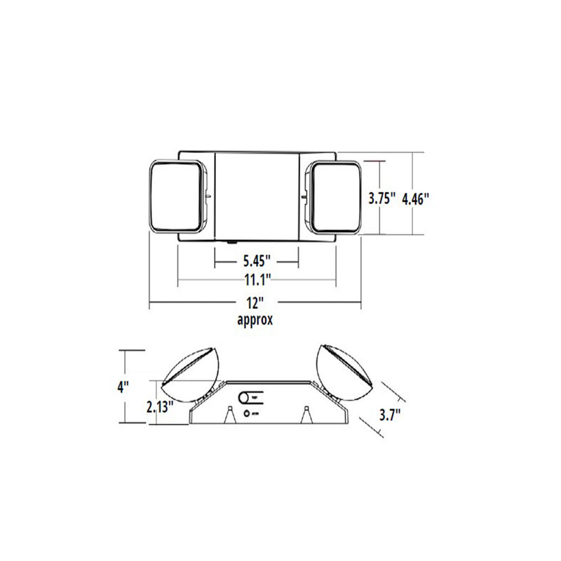 Technical drawing of the Shine LED Indoor Emergency Light - Dual Head with flame-retardant housing and dimensions. Top view: Height 3.75", width 4.46", middle section width 5.45", and full width 11.1". Side view: Height 4", depth of mounted bracket 2.13", and full depth 3.7". Beam heads depicted on each end, featuring a battery runtime of over 90 minutes.
