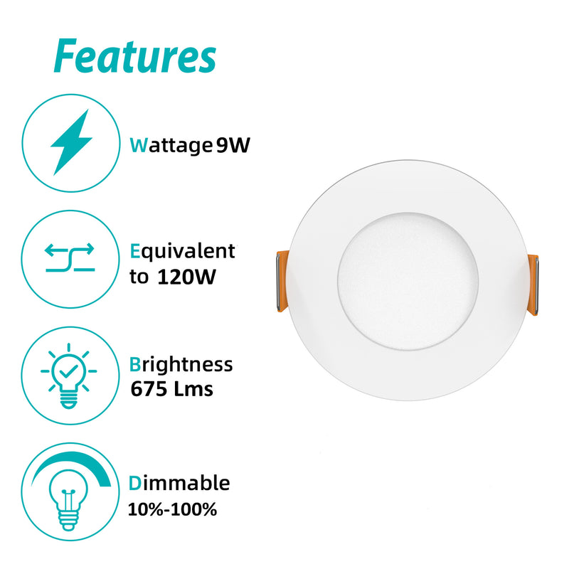 3BRIX 4 Inch 9W Slim Round Ultra Thin Recessed Downlight - 5CCT (27/30/35/40/50K)- 675 lumens