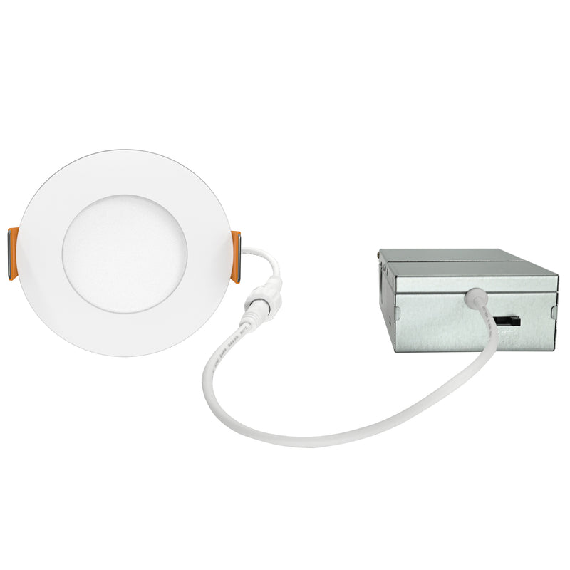 The image shows a 3BRIX 3 Inch 6W Slim Round Ultra Thin Recessed Downlight by Shine LED, featuring a white design with orange clips on the sides. It is connected via a white cable to a small, rectangular metal driver box. This energy-efficient lighting system is ideal for ceiling installation and offers adjustable color temperatures (5CCT) ranging from 2700K to 5000K, providing 360 lumens.