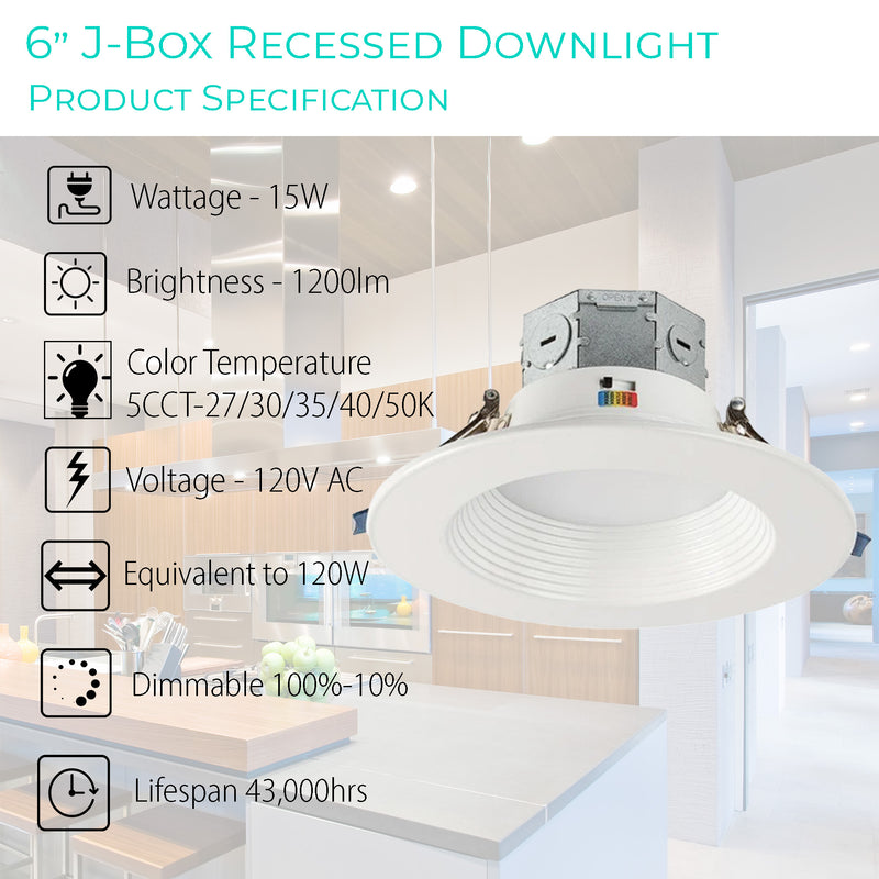 LED Integrated J-Box 6"-15W Recessed Downlight 15W - 1200lms - Color Selectable 5CCT (27/30/35/40/50K)