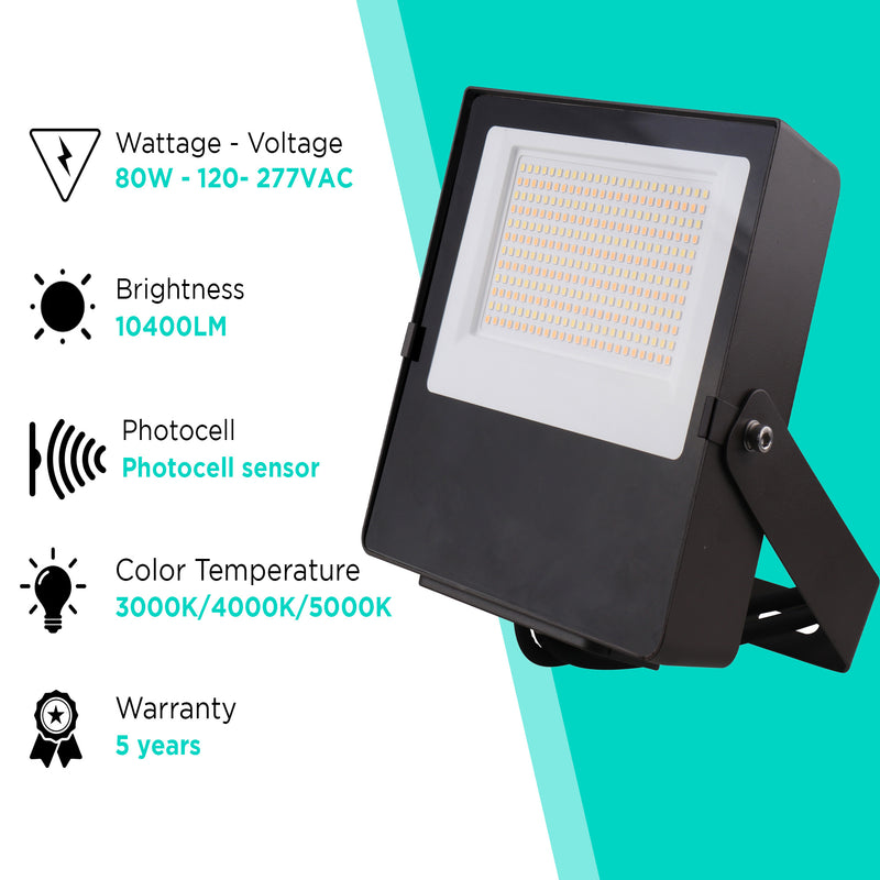 80W Mini Flood Light - CCT Selectable(3000/4000/5000K) - 10400lms - UL Listed - Glass Cover