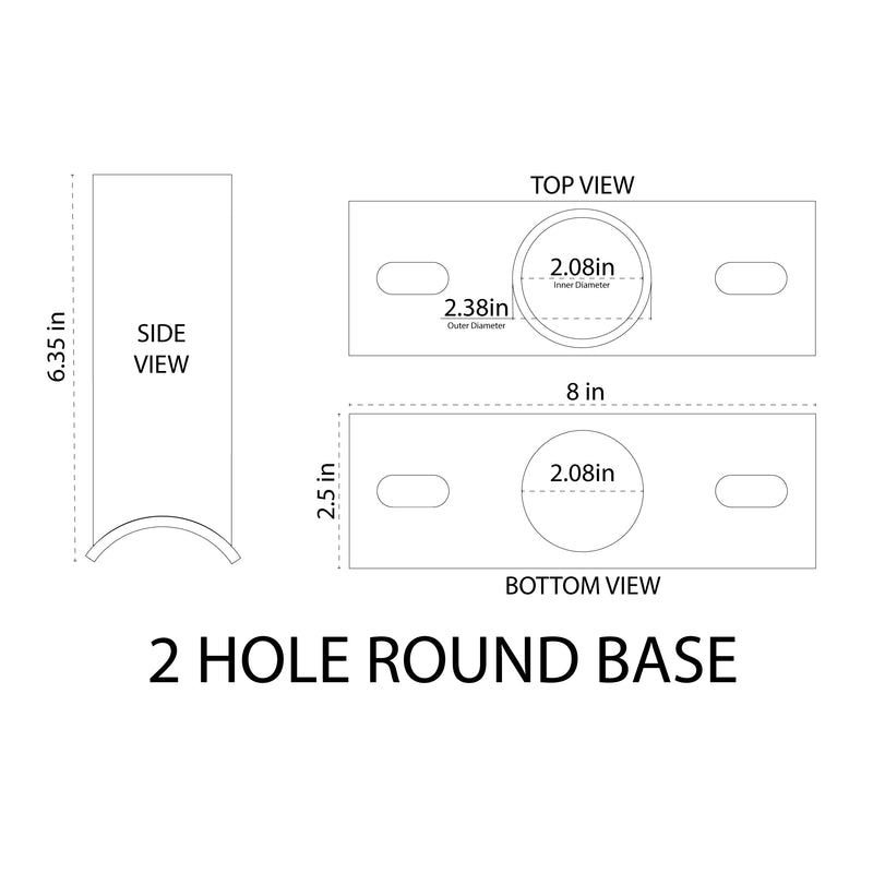 Diagram of the Shine LED Side Tenon Wall Mount for Round Poles - Bronze with side, top, and bottom views. The side view shows a height of 6.35 inches with a curved bottom. The top and bottom views display a circular section with an inner diameter of 2.08 inches, an outer diameter of 2.38 inches, and an overall length of 8 inches. Easy installation ensures versatility for various applications.
