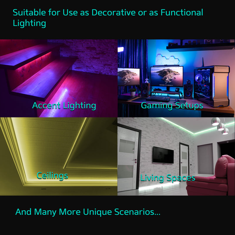 A collage showcasing Shine LED's 32.8ft Smart WiFi RGB Strip Light - 300 LEDs Color Changing Light applications. Top left: stairs with purple accent lighting. Top right: gaming setup with blue and pink lighting. Bottom left: ceiling with green lighting. Bottom right: living space with green and white lighting. Text: "Suitable for Use as Decorative or Functional Lighting" and "And Many More Unique Scenarios...".