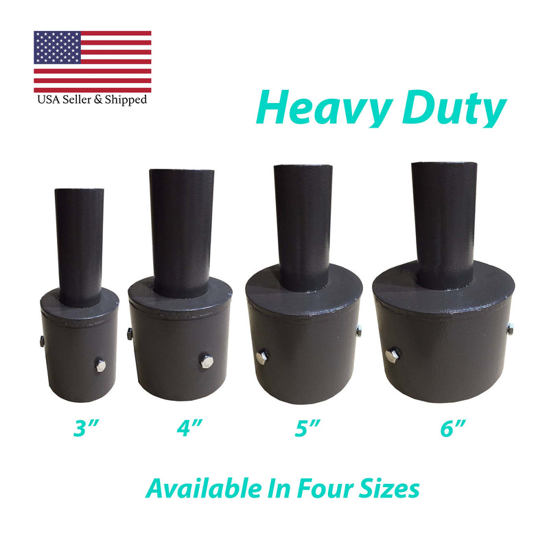 Four black steel Tenon Adapters for 4 Inch Round Poles by Shine LED, available in sizes 3", 4", 5", and 6", are displayed in a row against a white background. An American flag and the text "USA Seller & Shipped" are at the top left, while "Heavy Duty," "High Quality," and "Available In Four Sizes" are written on the right.