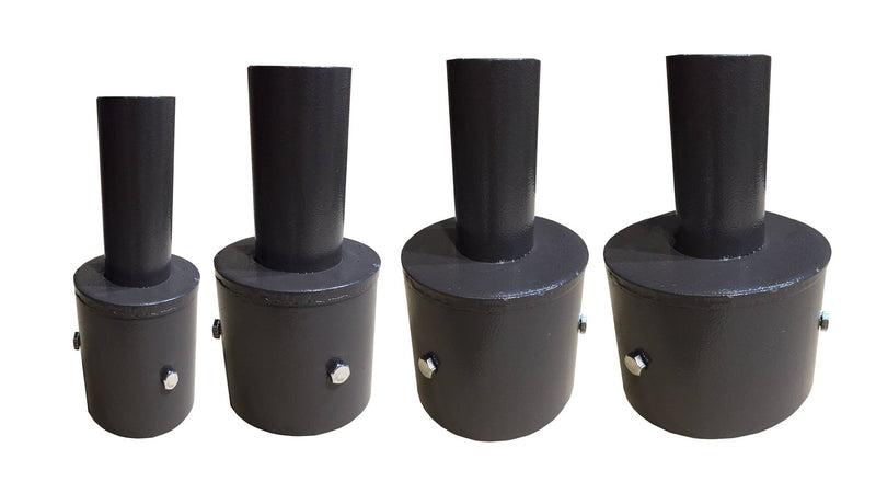 Four premium Tenon Adapters for 4 Inch Round Poles by Shine LED, each crafted from black metal with a cylindrical design and varying in height and width, are lined up in ascending order from left to right. Each adapter features a small bolt or screw on the side for secure attachment, ensuring easy installation. The adapters are set against a white background.