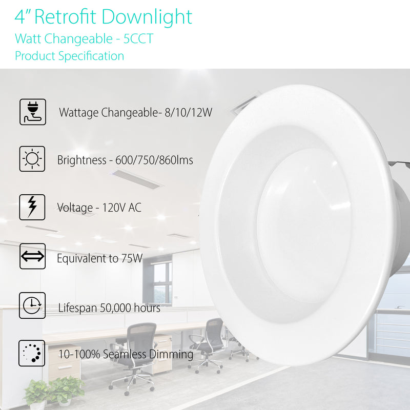 3BRIX 4" Watt & Color Selectable 8/10/12W Retrofit Recessed Downlight - 5CCT-25/30/35/40/50K