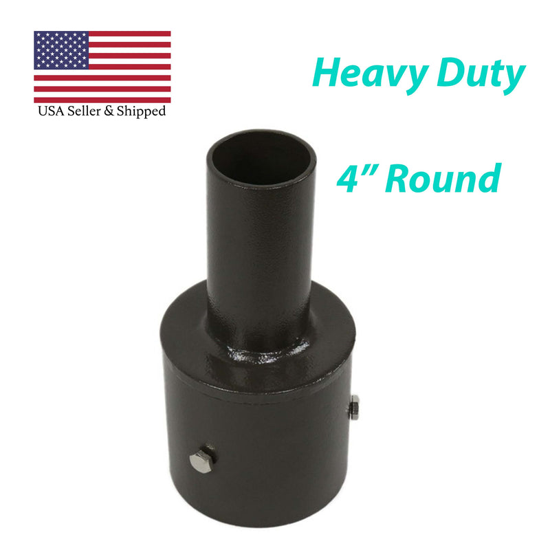 The Shine LED Tenon Adapter for 4 Inch Round Pole is a black metal adapter with a round base and cylindrical top, designed for heavy-duty use. Ideal for outdoor lighting fixtures, it features an American flag in the top left corner with the text "USA Seller & Shipped." The words "Heavy Duty" are prominently displayed on the right side in blue text.