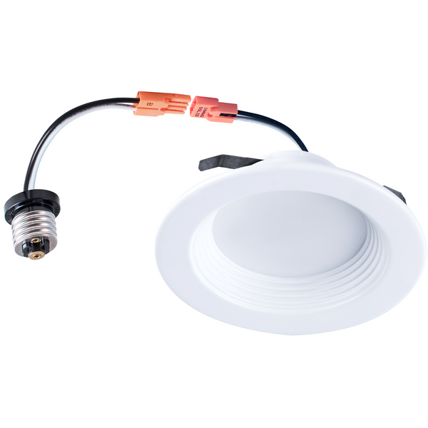 The Shine LED 4" 10W LED Recessed Retrofit Downlight, boasting 650 lumens and equivalent to a 75W light, is shown against a white background. This energy-saving product features a circular trim with a ribbed interior and comes equipped with attached black and orange wires, as well as a socket adapter for easy installation.