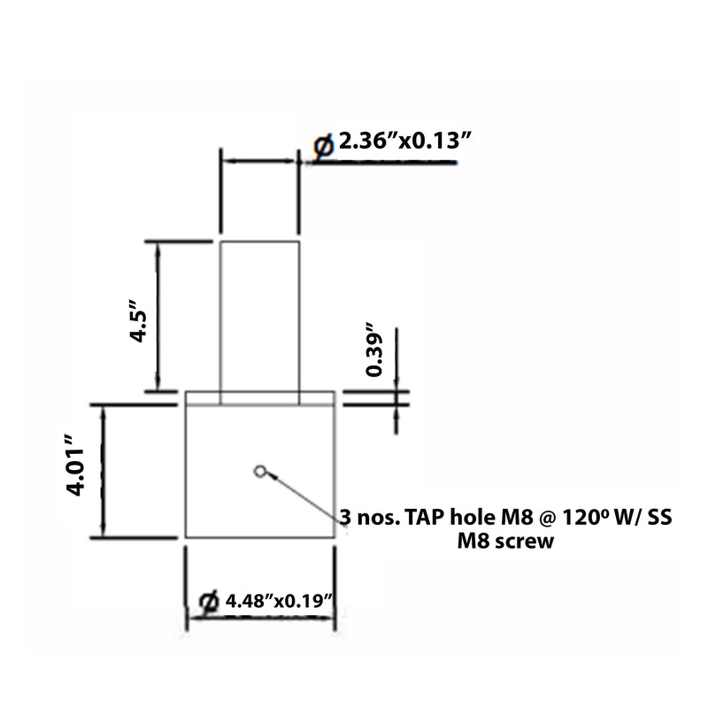 A technical diagram illustrating the Tenon Adapter for 4 Inch Round Pole by Shine LED, which is a high-quality component with precise measurements. This component, perfect for an outdoor lighting fixture, consists of a rectangular section measuring 4.01" x 4.48" x 0.19", attached to a vertical section measuring 4.5". It features a 2.36" x 0.13" hole and a 0.39" hole.
