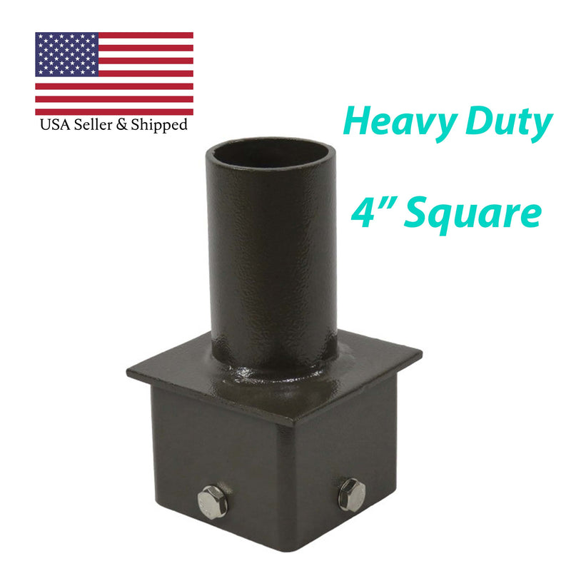 A metal Tenon Adapter for a 4-inch Square Pole from Shine LED, featuring a cylindrical top and square base, is displayed against a white background. To its right, the text "Heavy Duty 4" Square," appears in turquoise. In the top left corner, an American flag graphic with the words "USA Seller & Shipped" emphasizes its American origin. This robust steel accessory ensures easy installation.