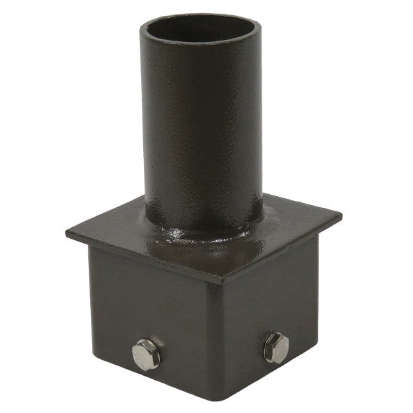 Shine LED's Tenon Adapter for 4 Inch Square Pole is a black metal fixture with a cylindrical top section and a square bottom base, featuring two bolts on the sides of the square part, designed for easy installation as an outdoor lighting fixture.