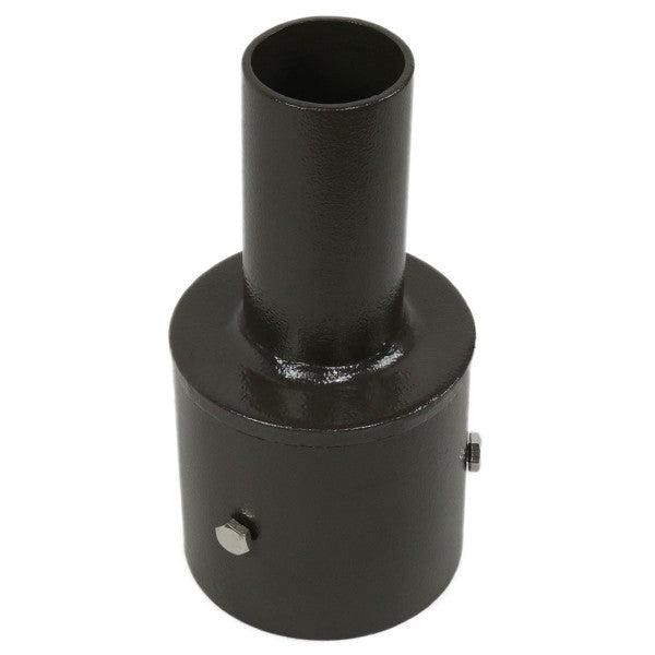 The Tenon Adapter for 4 Inch Round Pole by Shine LED is a high-quality black metal piece featuring a wider cylindrical base and a narrower tube extending upward. The base is equipped with a screw and bolt for secure attachment, facilitating easy installation. Its rugged, durable design indicates its suitability for industrial or heavy-duty applications.