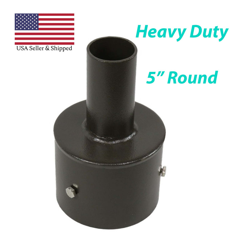 A durable black metal adapter from Shine LED, designed for 5-inch round poles and crafted from high-quality steel. The cylindrical component with a bolt features teal text labeling it "Heavy Duty 5” Round." An American flag icon along with "USA Seller & Shipped" text is displayed in the top left corner. Easy installation guaranteed, making it ideal for mechanical applications.
