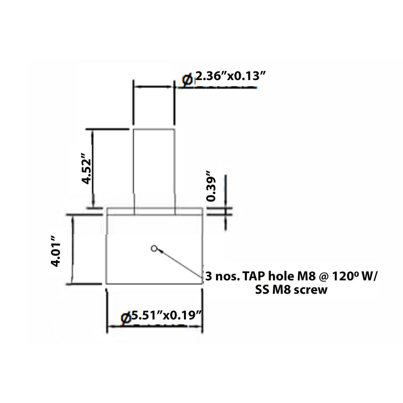 Technical drawing of the Shine LED Tenon Adapter for 5 Inch Round Pole, made from high-quality steel with precise measurements. The top cylinder is 4.52" tall and 2.36" in diameter, while the bottom cylinder is 4.01" tall and 5.51" in diameter. A note indicates three TAP holes for M8 screws at 120 degrees, making installation easy with tap holes measuring 0.