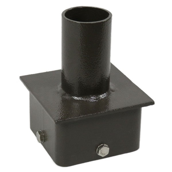 The Shine LED Tenon Adapter for 5 Inch Square Pole is a high-quality black metal adapter featuring a cylindrical top and a rectangular base. The base is fitted with side bolts, ensuring easy installation. Designed to insert into another component, it is perfect for outdoor lighting fixtures. It boasts a smooth and shiny texture.