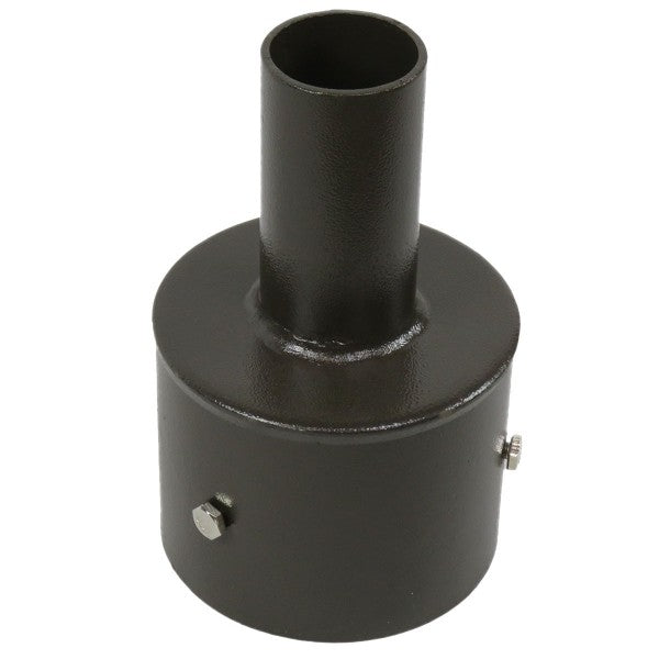 The Tenon Adapter for 5 Inch Round Pole by Shine LED is a cylindrical metal adapter with a wider base and narrower top section. Crafted from high-quality steel, the base features a smooth, matte finish and includes an attached bolt and screw for secure installation. The top portion comprises a pipe designed to fit into another component, making installation straightforward. The entire piece is black.