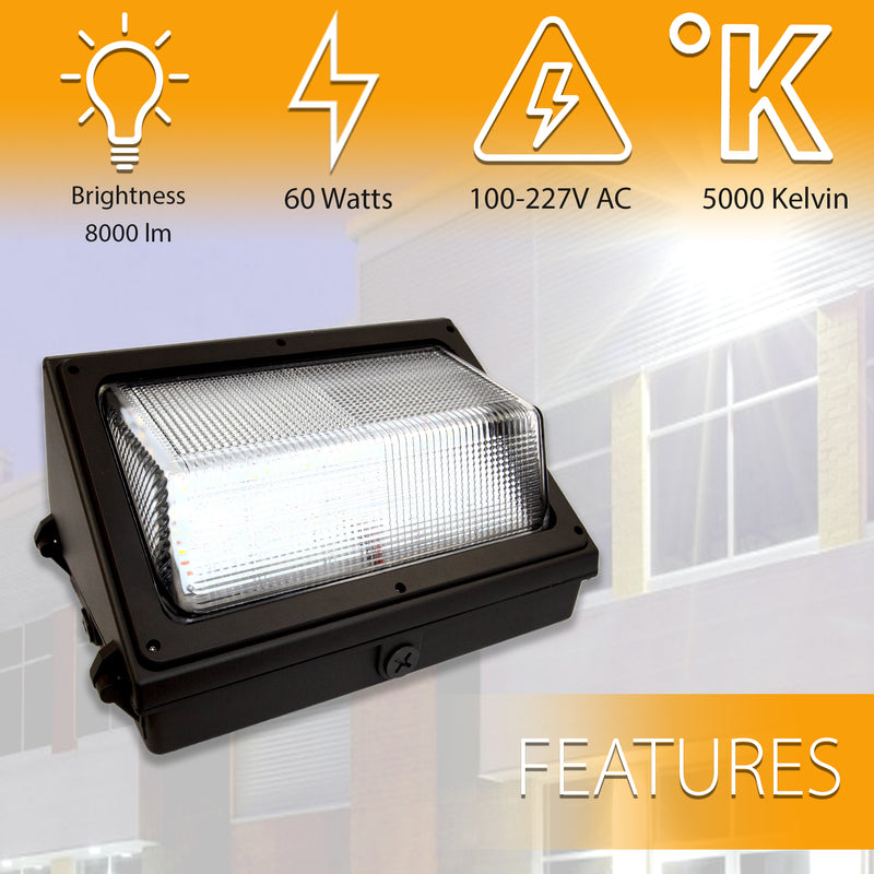 60W Wall Pack - 7200 lumens - 5000K - IP65 UL-Listed