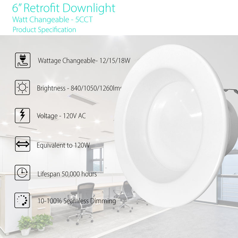 3BRIX 6" Watt & Color Selectable 12/15/18W Retrofit Recessed Downlight - 5CCT-25/30/35/40/50K