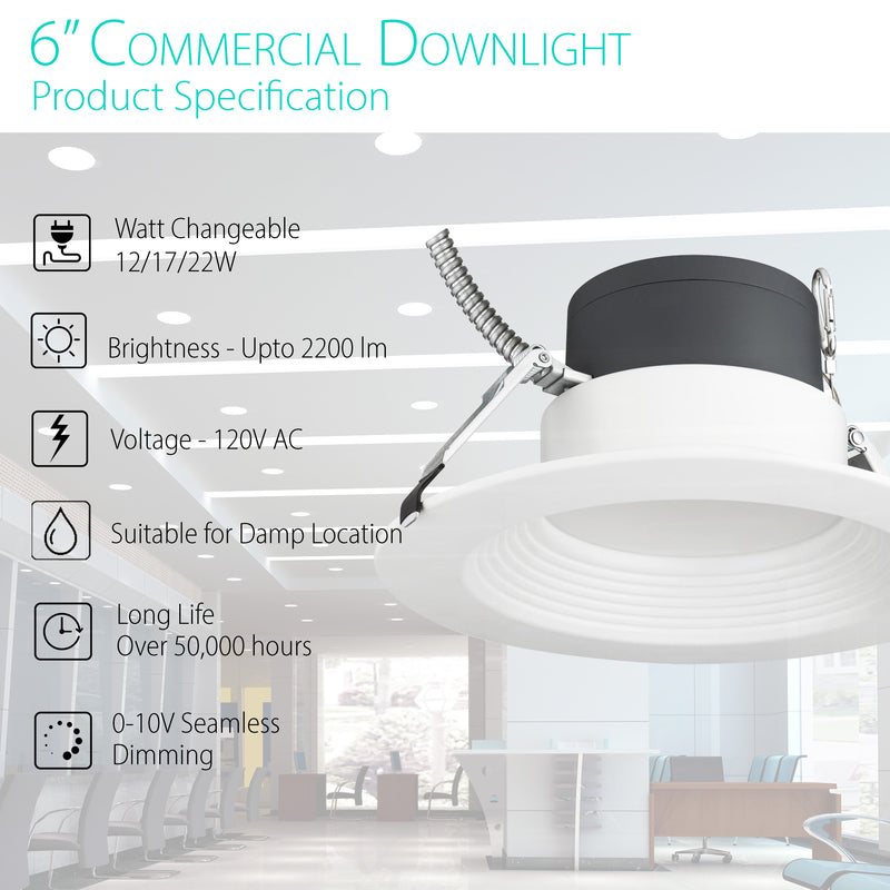 3BRIX 6" Commercial Downlight Selectable Watt 12/17/22W Selectable CCT - 5CCT(27/30/35/40/50K) - Emergency Driver - ETL