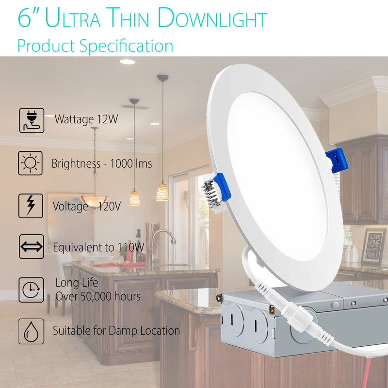 3BRIX 6 Inch 12W LED Recessed Downlight Slim Panel - 5CCT - 1000 lumens