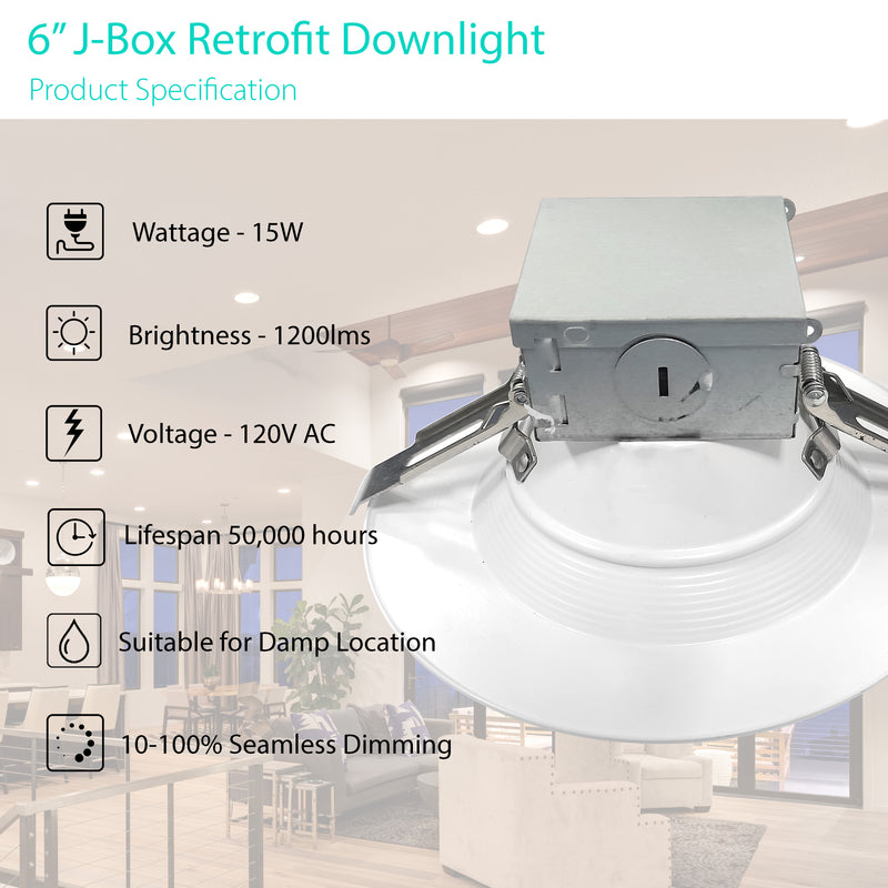 3BRIX 6" 15W Recessed Downlight - 1100lms - Integrated J-Box