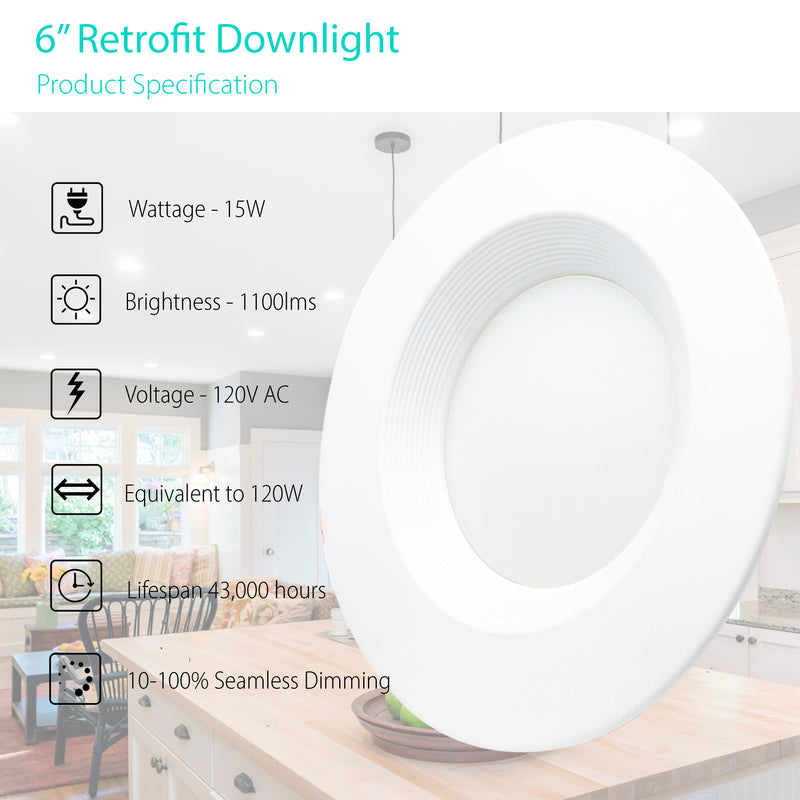 3BRIX 6" 15W Recessed Retrofit Downlight - 1100lms - ETL & ES