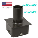 A black metal bracket with a square base and a vertical cylindrical tube crafted from high-quality steel. The text reads "Heavy Duty 6 Inch Square." An American flag is displayed with the caption "USA Seller & Shipped." Ideal as an outdoor lighting fixture, it ensures easy installation.

The Shine LED Tenon Adapter for 6 Inch Square Pole features a robust construction perfect for your outdoor lighting needs.