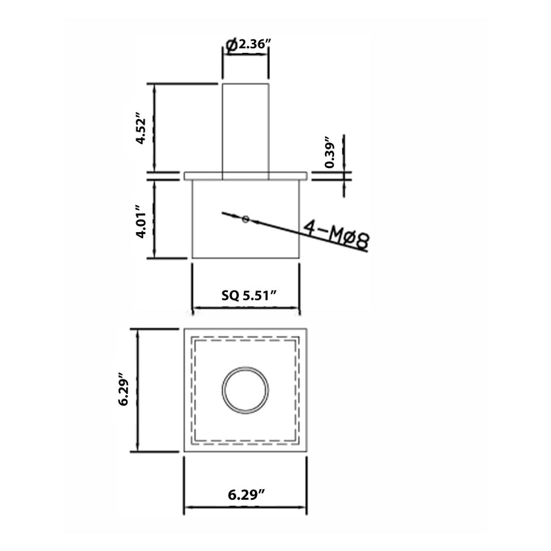 The Tenon Adapter for 6 Inch Square Pole by Shine LED features a robust steel base with a central circular hole. The base measures 6.29 inches on each side and 0.39 inches in thickness. Centrally mounted on the base is a circular post with a diameter of 2.36 inches and a height of 4.52 inches, ideal for an outdoor lighting fixture, and ensures easy installation with four M8 bolt holes.
