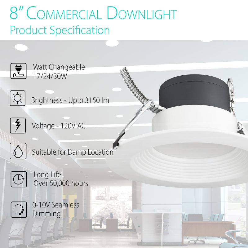 3BRIX 8" Commercial Downlight Selectable Watt 17/24/30W Selectable CCT- 5CCT(27/30/35/40/50K) - Emergency Driver - ETL