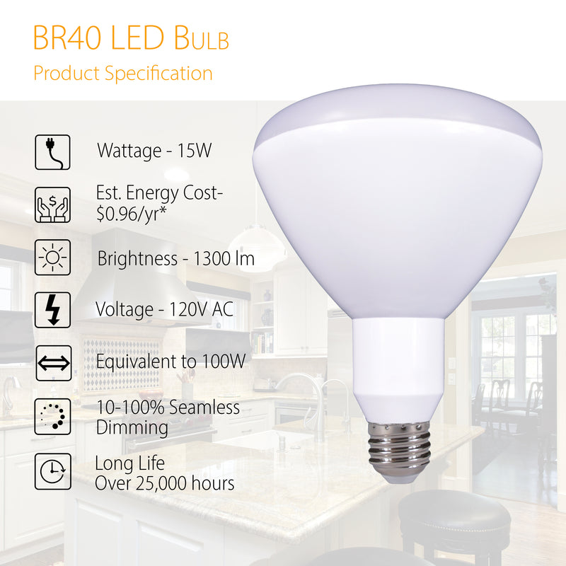 BR40 15W LED Dimmable Bulb - 1300 Lumens - 100W Equivalent - Indoor Flood Light Bulb