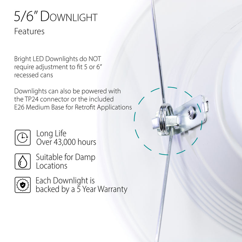 Image showcasing the features of a Shine LED 6" 15W LED retrofit recessed downlight. Text highlights include: adjustable for either 5" or 6" recessed cans, compatibility with TP24 connector or Medium Base, offering over 43,000 hours of lifespan, suitable for damp locations, and comes with a 5-year warranty. Ideal for dimmable LED recessed lights and energy-efficient lighting needs.