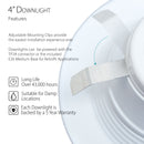 Close-up image of the Shine LED 4" 10W LED Recessed Retrofit Downlight (650 lumens, 75W equivalent) with text highlighting its features: adjustable mounting clips for easy installation, compatibility with TP24 connector or E26 base for retrofit applications, long life over 43,000 hours, suitability for damp locations, and a 5-year warranty.