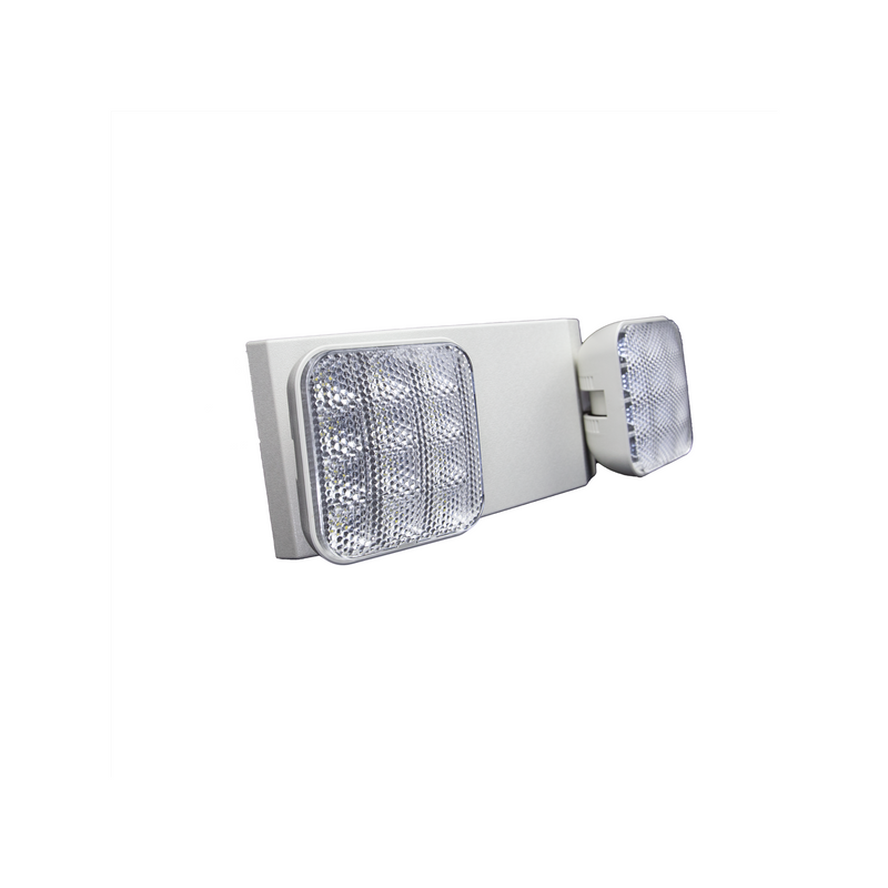 The Shine LED Indoor Emergency Light - Dual Head - 90+ Minute Battery Runtime features two adjustable square LED lamp heads encased in a flame-retardant housing. The unit is mounted on a rectangular white base against a white background, with the LED heads designed with a grid-like texture to ensure even light dispersion.