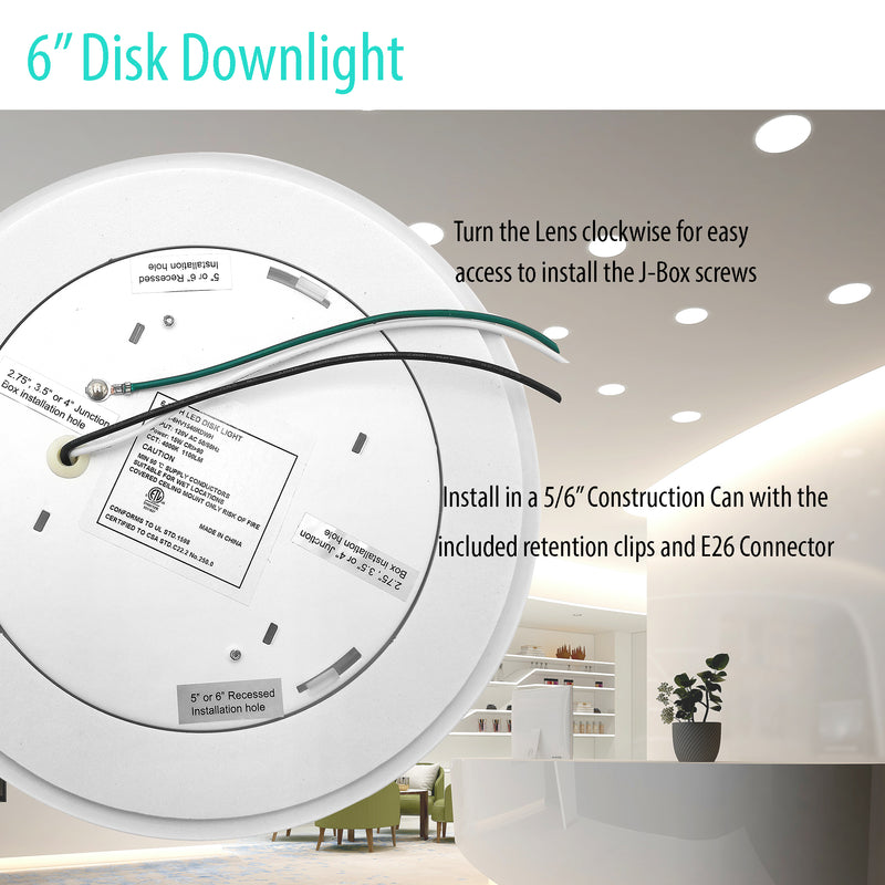 3BRIX 6" 15W Flush Mount Disk Downlight - 1100 lumens - ETL Listed