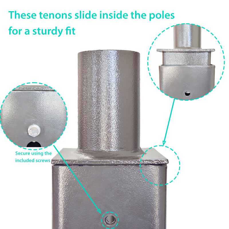 Close-up image showing the Shine LED Tenon Adapter for 4 Inch Square Pole fitting into a pole with a zoomed-in view of the connection and a screw securing it. Green text reads, "These tenon adapters slide inside the poles for easy installation." An arrow highlights the correct positioning and securement of this heavy-duty steel component, ideal for outdoor lighting fixtures.