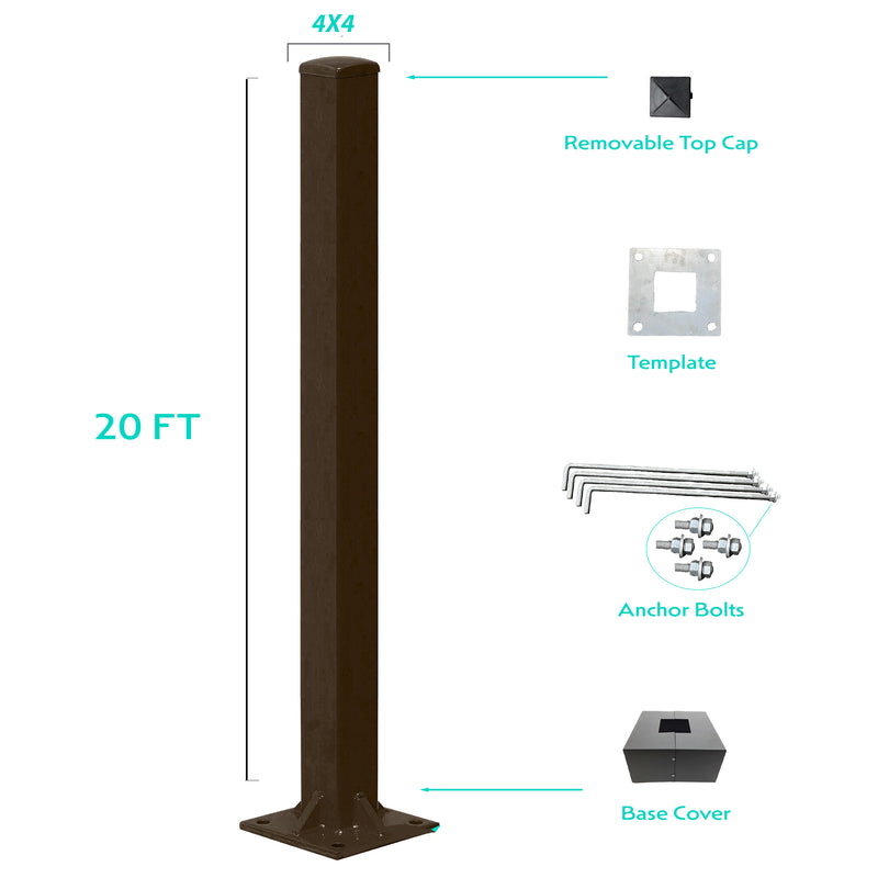 20 Foot Steel 4x4 Square Light Pole 11 Gauge - Including Shipping