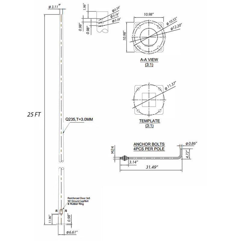 25 Foot Round Tapered Steel Light Pole - Including Shipping