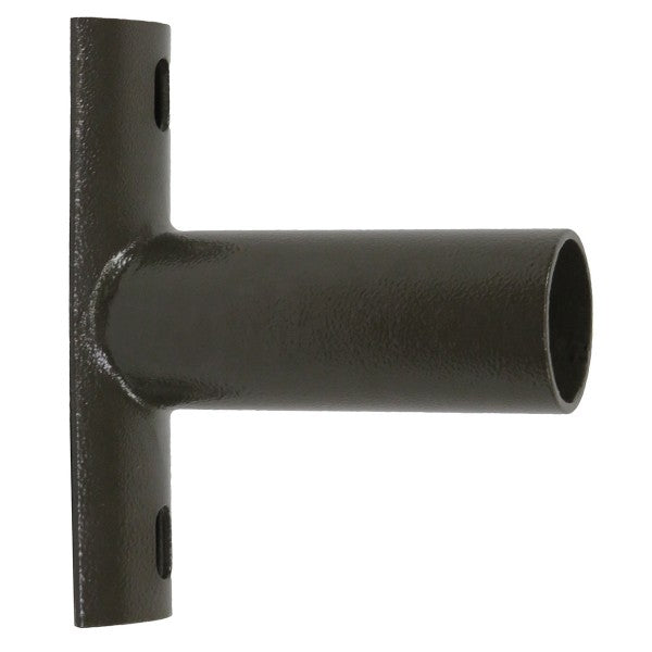 Introducing the Side Tenon Wall Mount for Round Poles by Shine LED. This bronze bracket features a flat, rectangular mounting plate with two screw holes at each end. The circular tube extends perpendicularly from the plate, ensuring high durability through its quality construction. Designed for easy installation and versatile applications.