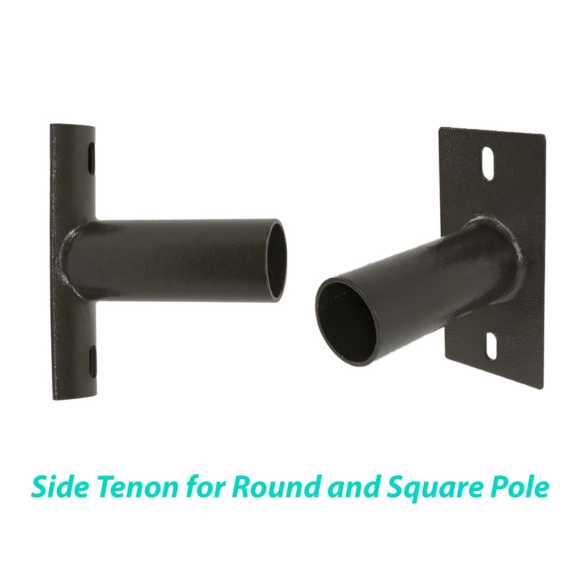 Two high-quality metal side tenons designed for attachment to round and square poles. Both tenons feature a cylindrical extension and a rectangular mounting base with two securing holes. Positioned at an angle facing each other, with the caption "Shine LED Side Tenon Wall Mount for Round Poles - Bronze" below.